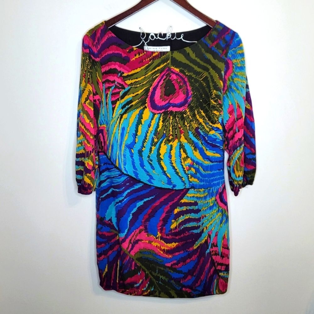 Trina Turk Silk Blend Colorful Peacock Shift Dress Size 6